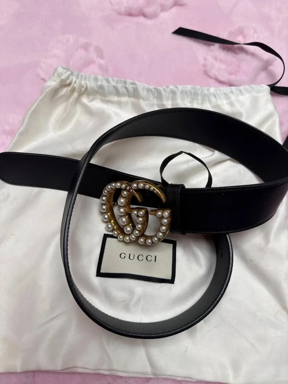 Gucci Black Leather Belt with Pearl-Embellished Gold Double G Buckle